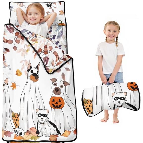 Halloween Dogs in Ghost Costumes Toddler Nap Mats for Kids Preschool,50"x20" Sleeping Mat Bag or Kids,Toddler Sleeping Bag,Toddler Nap Mat or Daycare