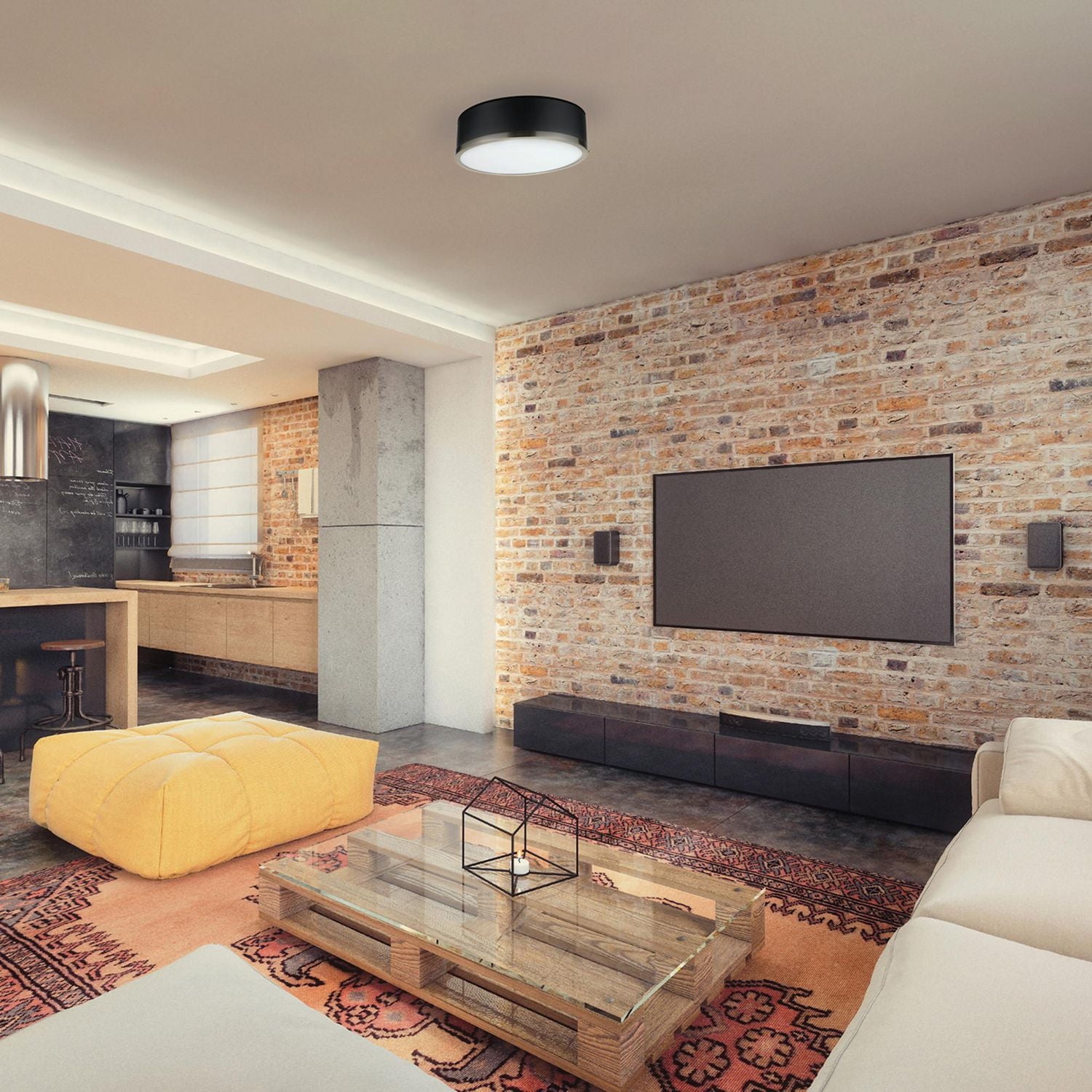 Plafonnier affleurant en métal à 2 ampoules Selina par Globe Electric, noir mat, accent laiton antique, abat-jour en verre givré, 60309