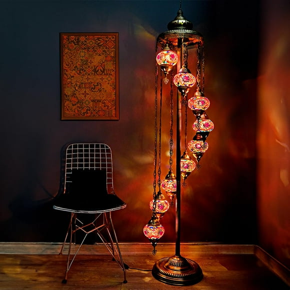 Asylove Turkish Lamp 9 Globe Mosaic Floor Lamp Mosaic Standing Lamp 9 Globe Mosaic Moroccan Lamps Floor Lamp For Decorative Home Designs Offer 5 Inch Globe - Total Height 70 Inch (Red)