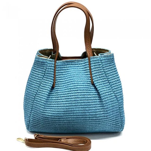 Italian Artisan 595-2656-Azure Irina Sac à Main en Raphia et Cuir à Double Poignée, Azure - Moyen