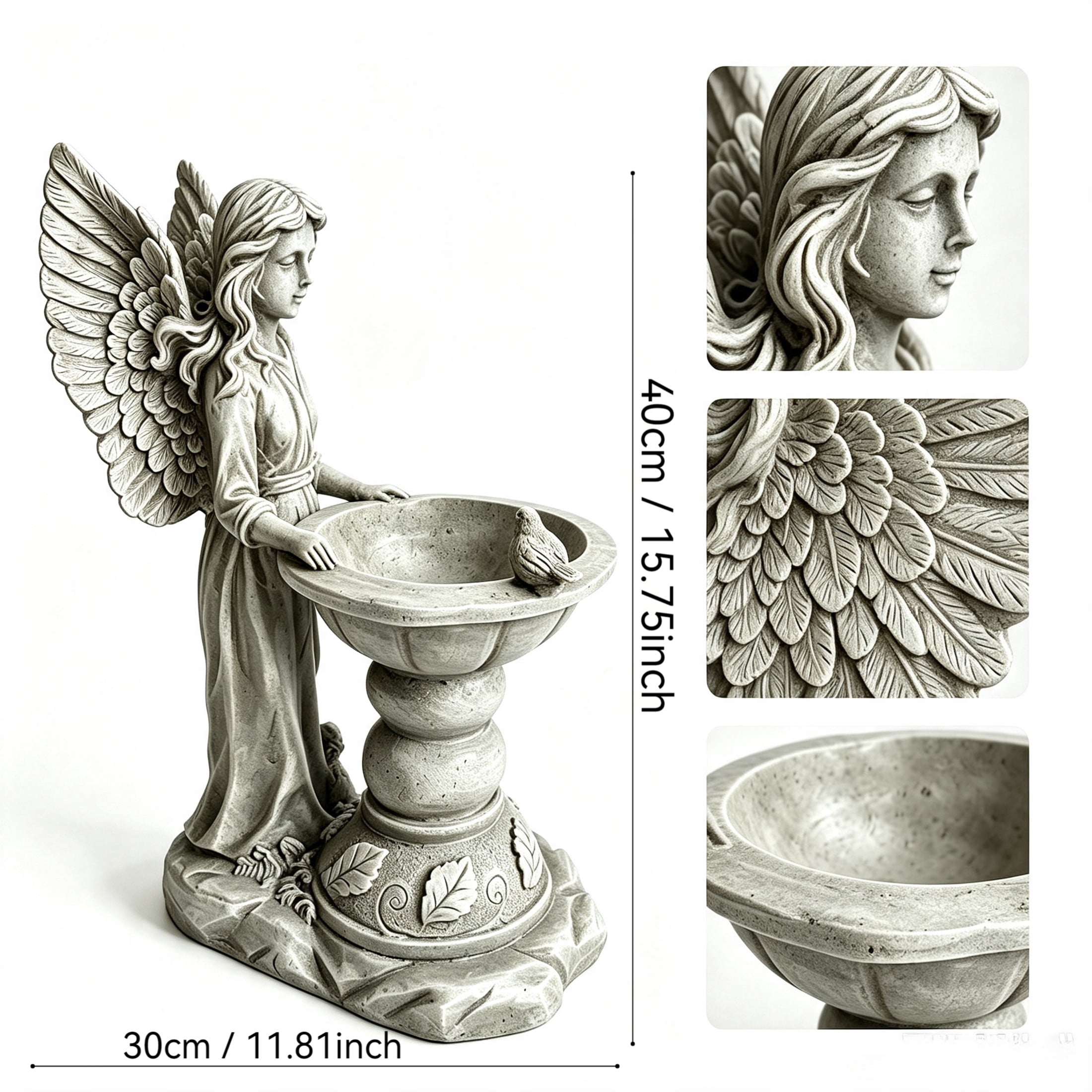 GDF Studio Angel Bird Bath Garden Statue, Vintage Off-White Resin Sculpture Figurine with Bowl, Outdoor Yard Lawn Decor