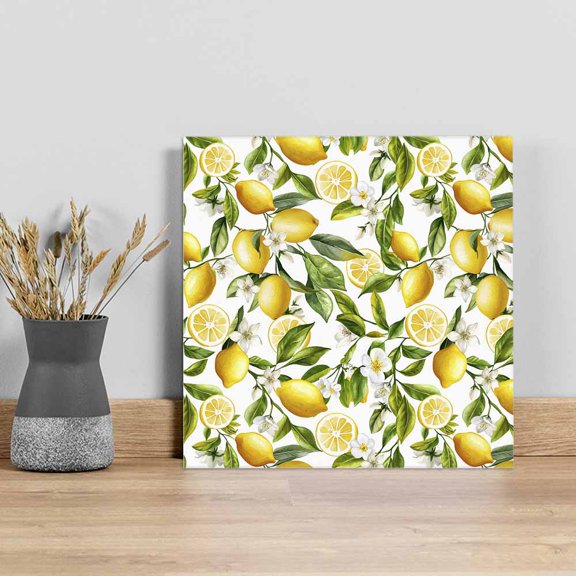 Lemon Yellow Wall Art Painting on Canvas, Country Watercolor Floral Leaf Green White Canvas Art Home Prints Wall Art Framed Modern Artwork for Living Room Bedroom Wall Decor 8x8in