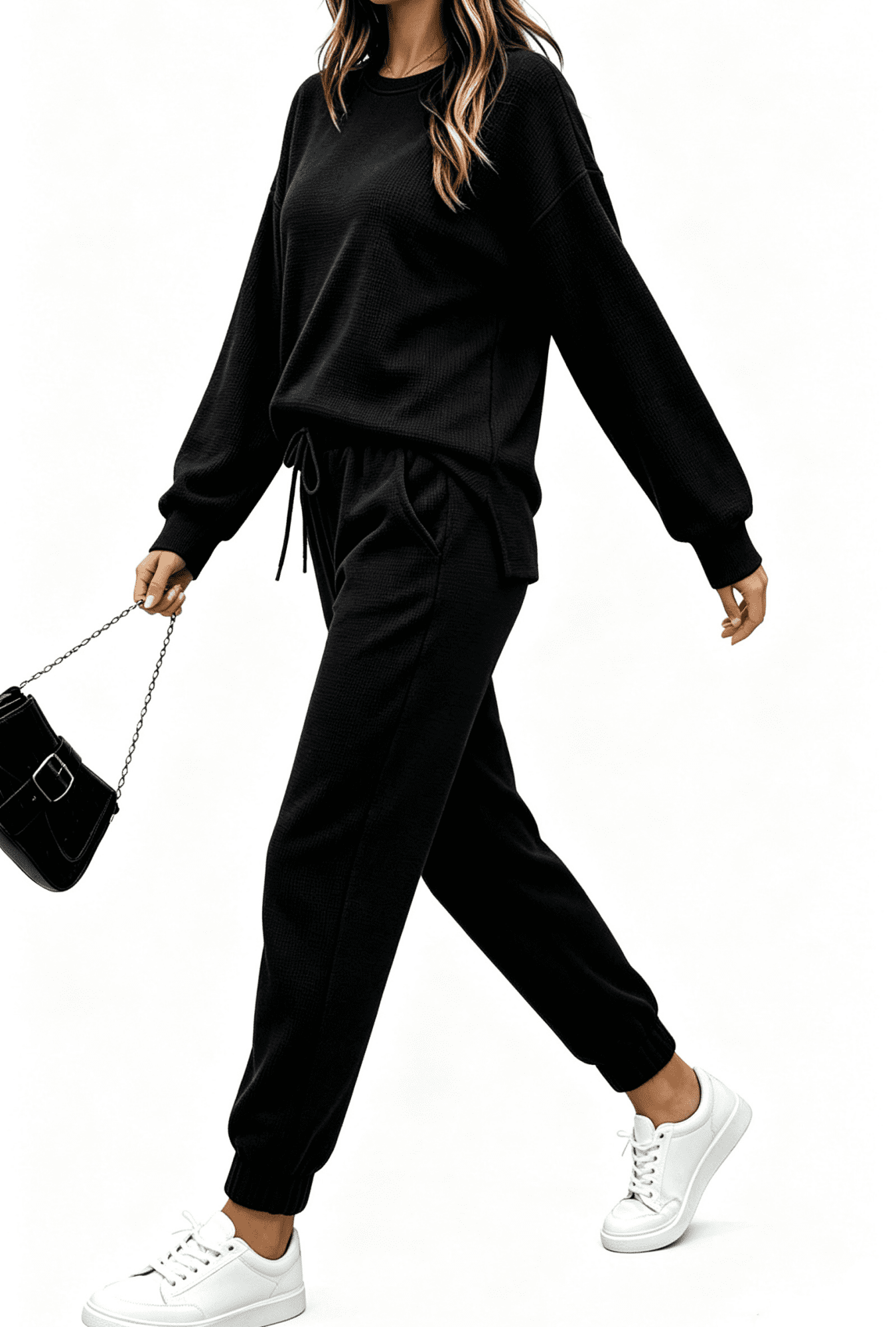 Fiophy Women's Lounge Set Waffle Knit Travel Outfits Long Sleeve Tracksuit Joggers Sets with Pockets, Black, XL
