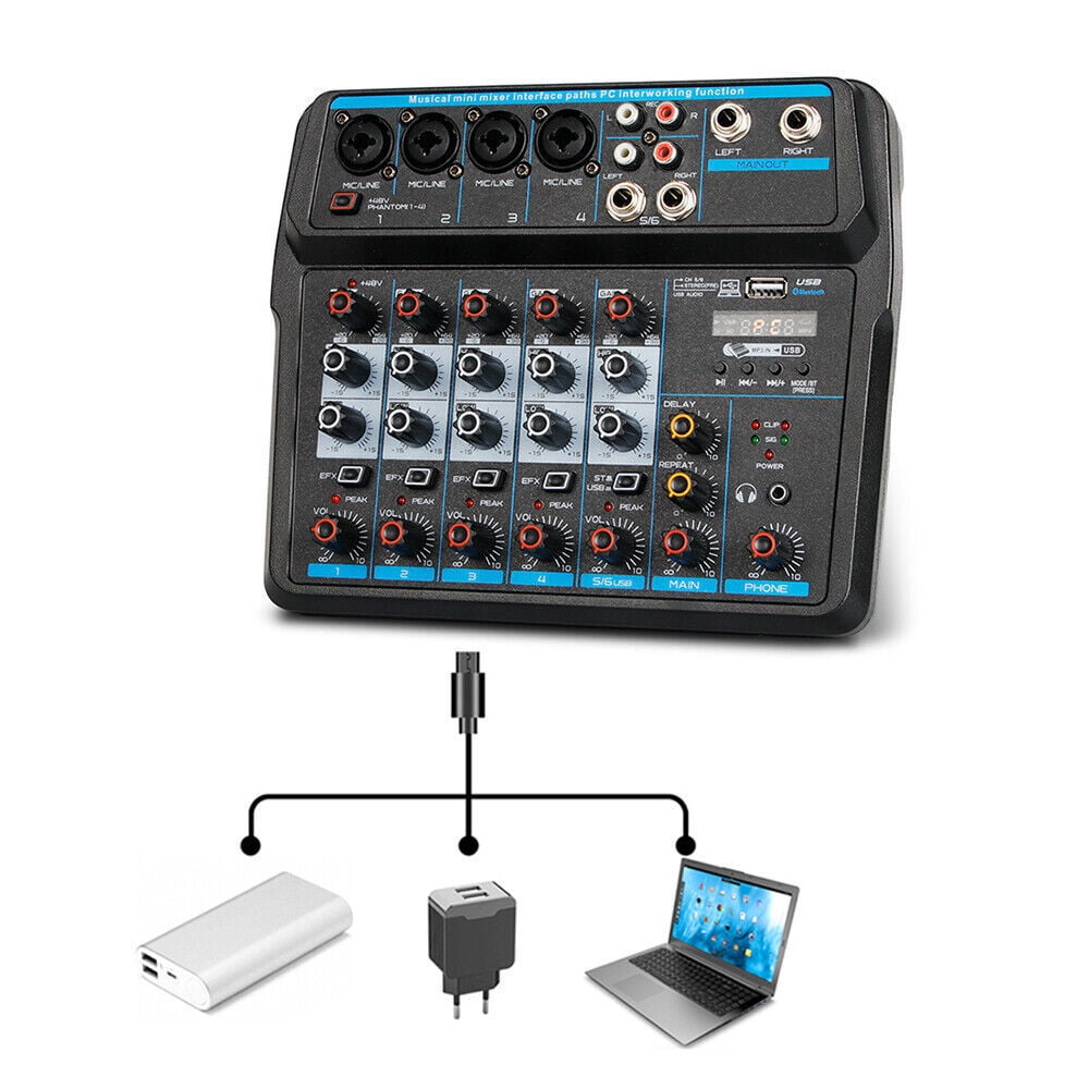 Miumaeov Pro 6-Channel Live Audio Mixer Bluetooth USB DJ Sound Mixing Console Amplifier