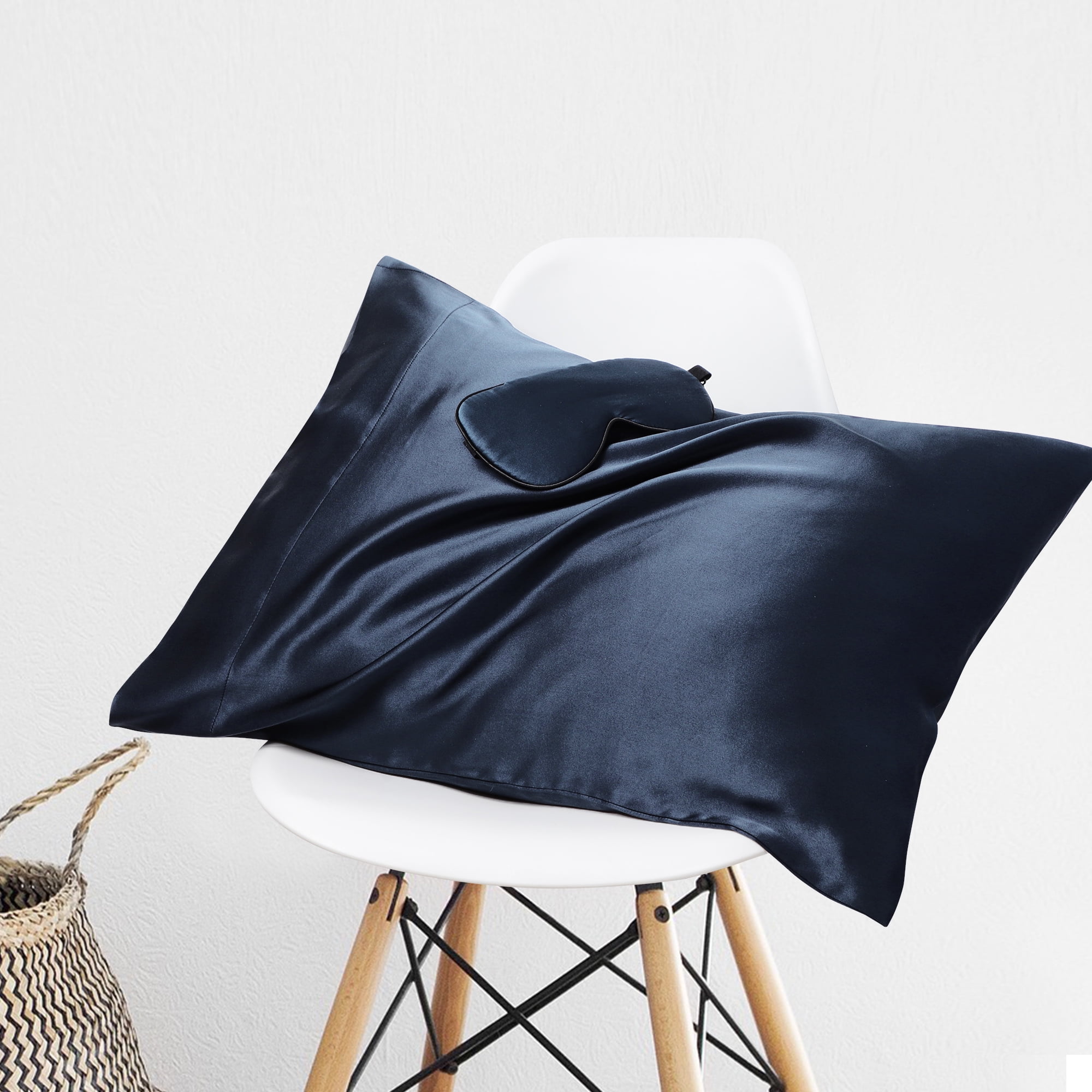 PiccoCasa 19 Momme Silk Pillowcase with Eye Cover Set Queen Navy Blue
