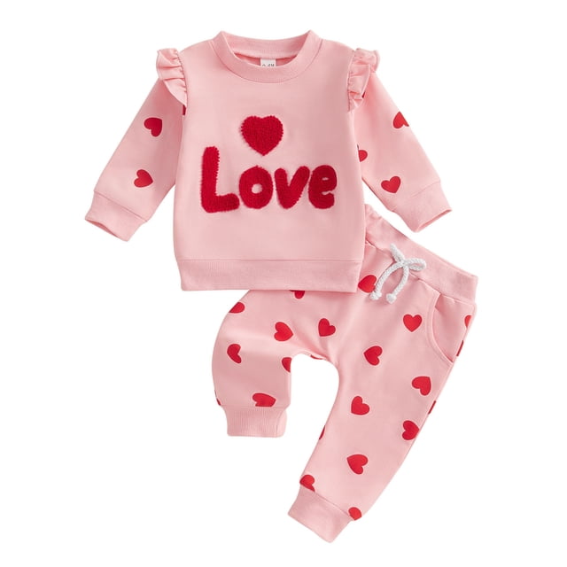 Odeerbi 3M-3Y Niñas Sudaderas de Día de San Valentín Amor Imprimir Algodón Ruffle Sudadera de Manga Larga Sudaderas de Dos Piezas Conjunto Bordado