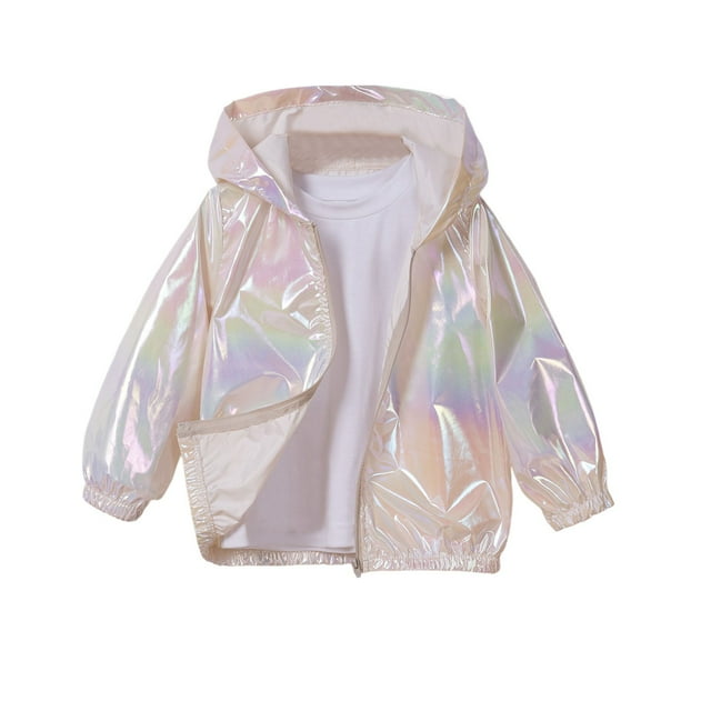 TIEVOSA Girls Lightweight Jacket Windproof Hooded Zipper Coat Spring Autumn Thin Raincoat Outerwear Reflective Sun(White)