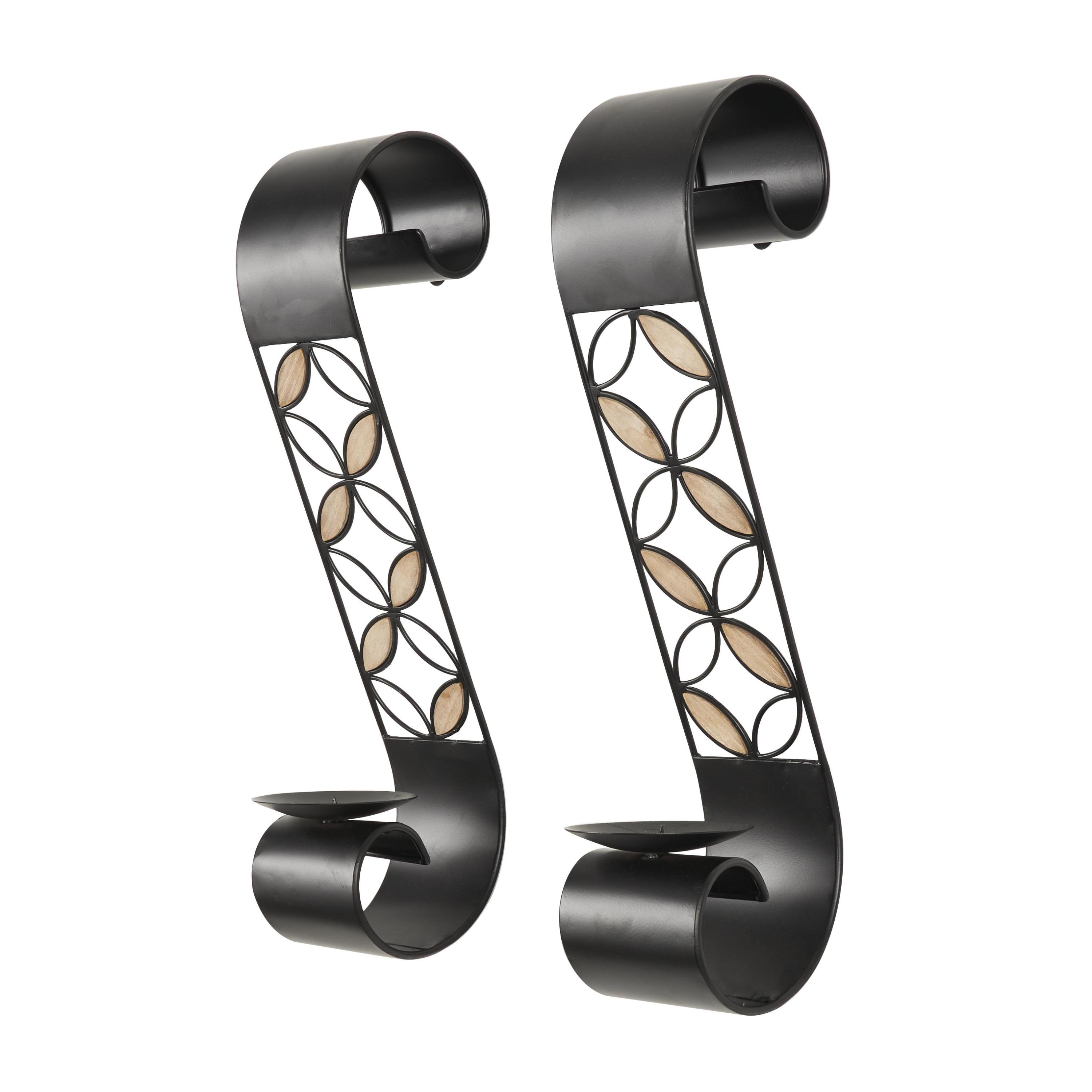 DecMode 2 Holder Black Metal Scroll Wall Sconce with Floral Patterns and Wood Accents, Set of 2