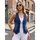 thumbnail image 2 of Chaleco de mezclilla sin mangas para mujer INSPIRE CHIC, con cuello en V y botones, chaqueta casual, azul oscuro, talla S, 2 of 6