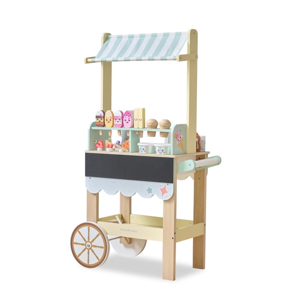 Teamson Kids Jolly Pals Wooden Ice Cream Stand with 33 Accessories, Chalkboard, Built-In Storage and Rolling Wheels for Pretend Play