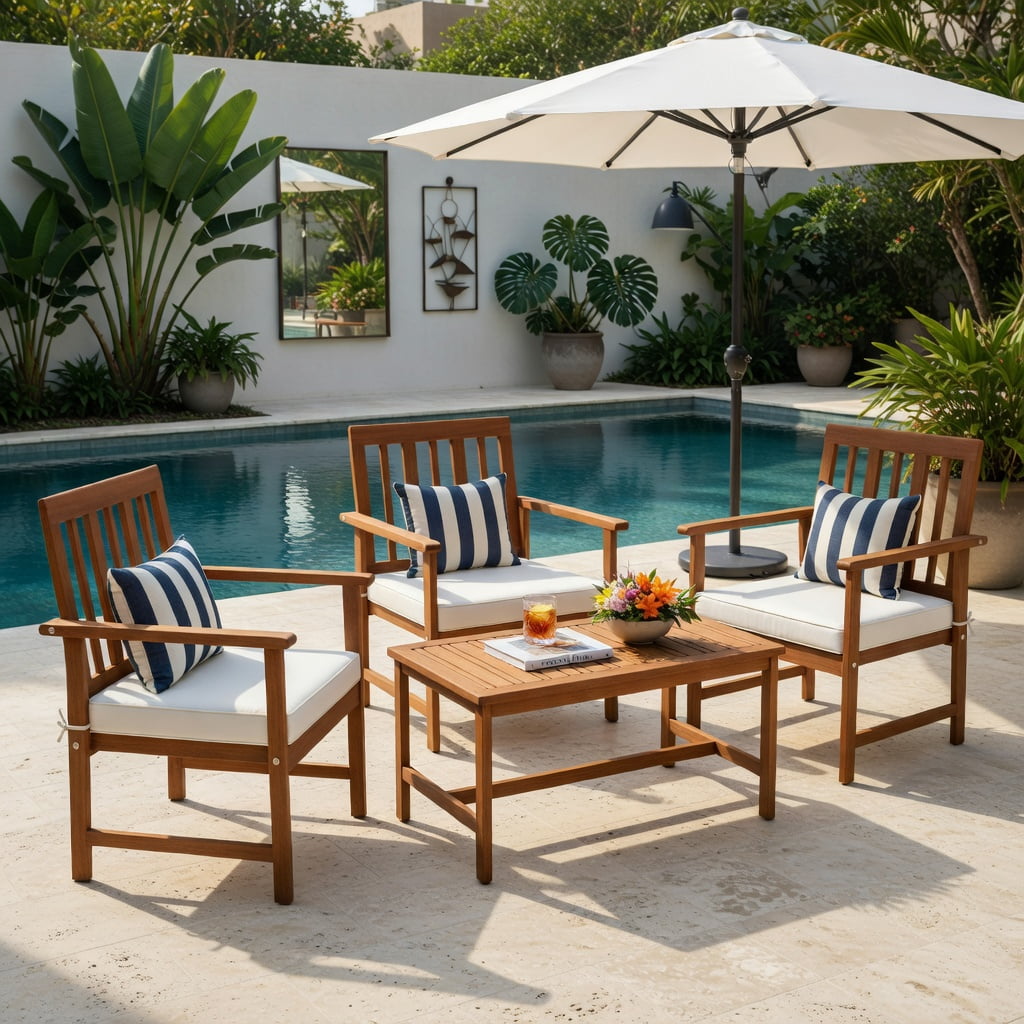 Hommoo 4-Piece Acacia Wood Outdoor Furniture Set, Wood Loveseat & Armchairs with Cushions, Coffee Table, Durable, Weather-Resistant Patio Set for Backyard, Porch & Poolside, White
