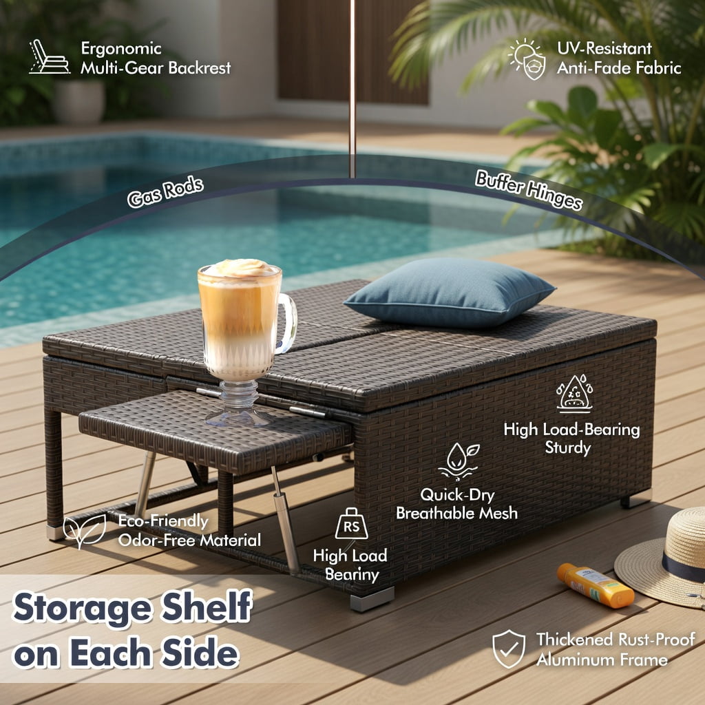 Hommoo Double Chaise Lounge Chair with Adjustable Backrest, PE Rattan Outdoor Patio Lounger Set, Folding Side Tables, Gray