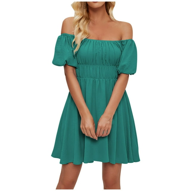 QIPOPIQ Robe Mini d'Été pour Femmes à Manches Courtes Bouffantes, Encolure Carrée, Smockée, à Volants Superposés, Liquidation