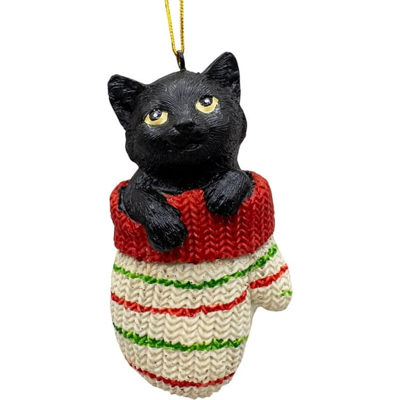 Black Longhair Tabby Kitty Cat in Mitten Christmas Tree Ornament