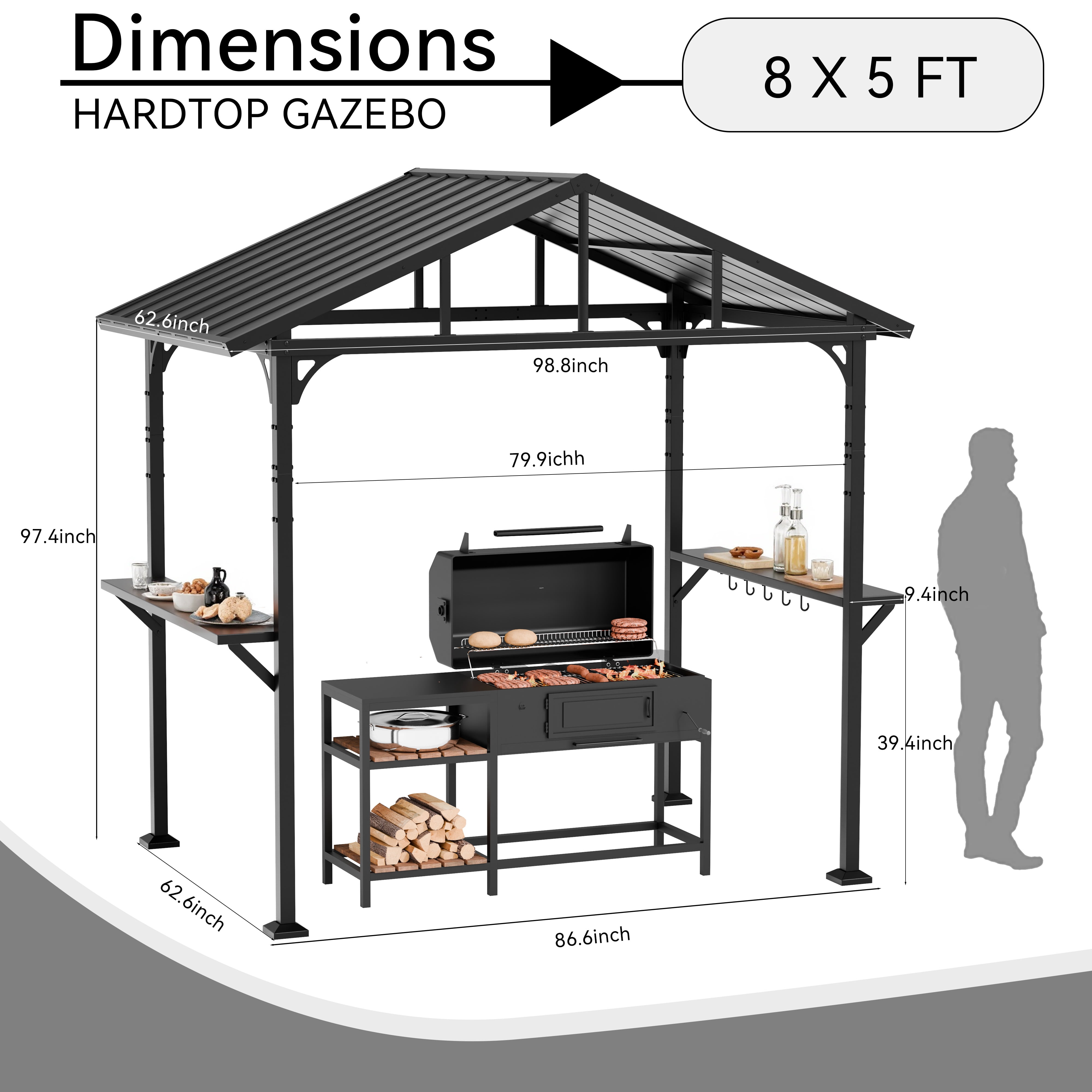 Gotland 8' x 5' Hardtop Grill Gazebo, Outdoor BBQ Metal Roof Canopy with 2 Metal Side Shelves & 5 Tool Hooks for Patio, Garden, Backyard, Poolside (Black)