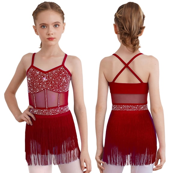 iiniim Girls Sparkly Rhinestone Tassel Dress Latin Jazz Ballroom Salsa Dance Leotard Fringe Skirted Burgundy 8