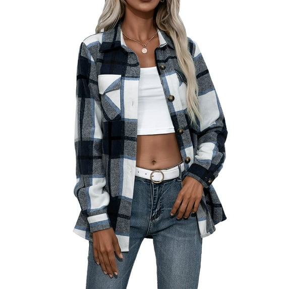 KOMOO Women Autumn Blouses Plaid Turn-Down Collar Button-Open Loose Shirts Long Sleeves Shirt Tops