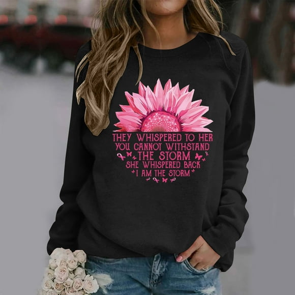 Fartey Breast Cancer Inspirational Shirts for Women 2025 Fashion Fall FleeceLong Sleeve Crew Neck Pullover Tops Funny Sunflower Pink Ribbon Graphic Sweatshirts,Black,L