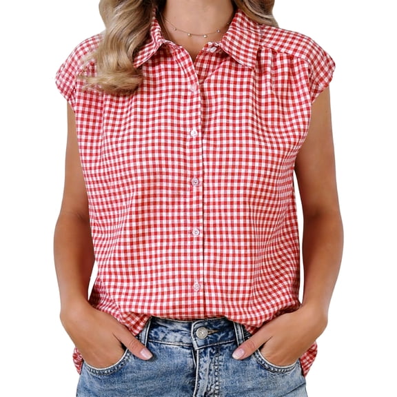 DARING DIVA Women's Gingham Top Work Cap Sleeve Vintage Plaid Button Down Shirts S Red