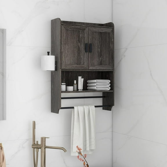 Bathroom Wall Storage Cabinets with Door and Open Shelves,Medicine Cabinet,Steel Pipe Rack for Hanging Towels and Kitchen Utensils for Bathroom,Grey
