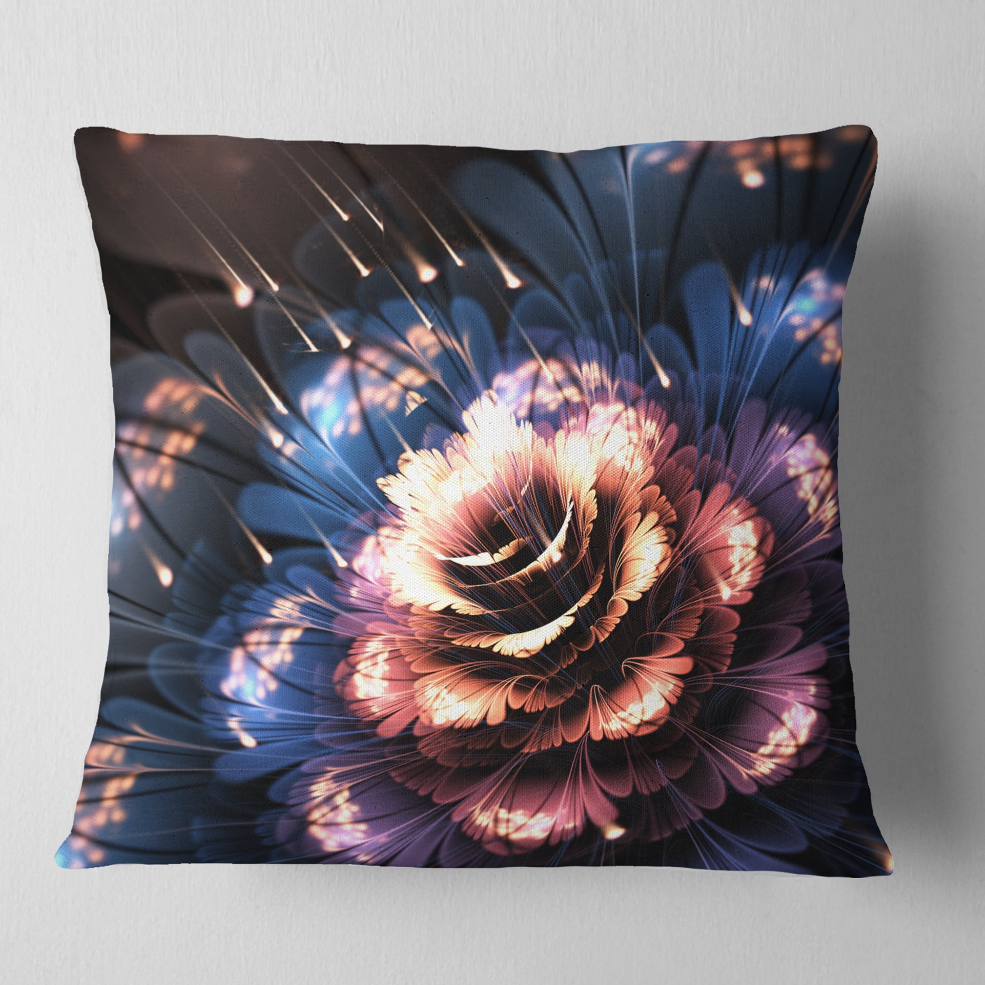 Designart Fractal Flower Orange and Blue - Floral Throw Pillow - 16x16