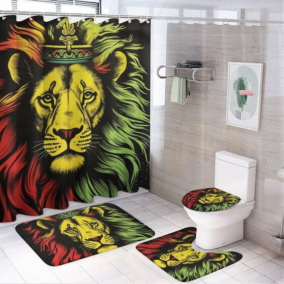 Jamaica Rasta Lion Crown 4 Pcs Bathroom Shower Curtain Set,Bathroom Sets with Rugs (Bath Mat,U Shape and Toilet Lid Cover Mat), Bathroom Decor Set
