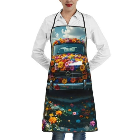 

Qekee Flower Covered Vintage Car Print Adjustable Bib Apron Resistant with Pocket Cooking Kitchen Aprons for Women Men Server Chef Apron