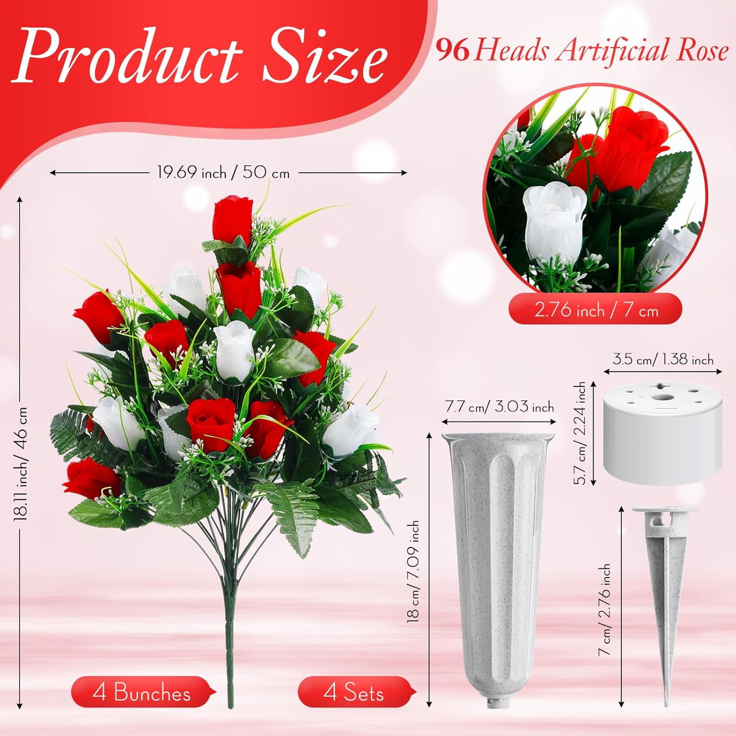 1 Sets Artificial Cemetery Flowers for Grave with Vase 96 Heads Rose Bouquet Decoration Arrangement Silk Memorial Flowers for Headstones Gravesite Memorial Day(Yellow)