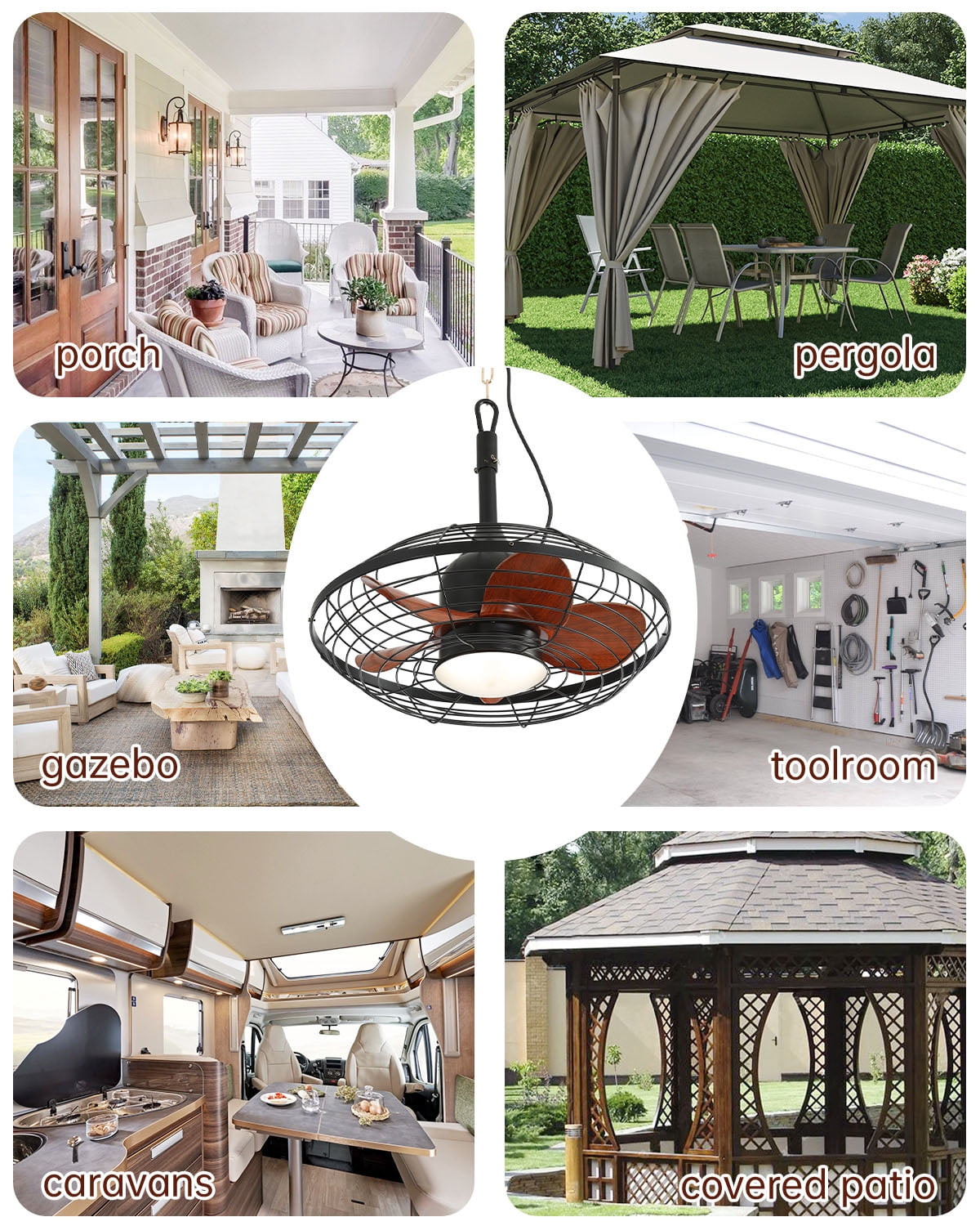 Sofucor 20-Inch Weatherproof Outdoor Ceiling Fan with Black Finish, LED Light, and Remote Control
