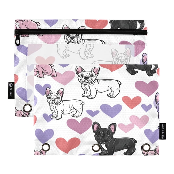2 Pack 3 Ring Binder Pouch with Clear PVC Window Water Resistant Zipper Pencil Pouch Cute Frenchie Heart Background Binder Pocket for Classroom Office Home Stationery Organization