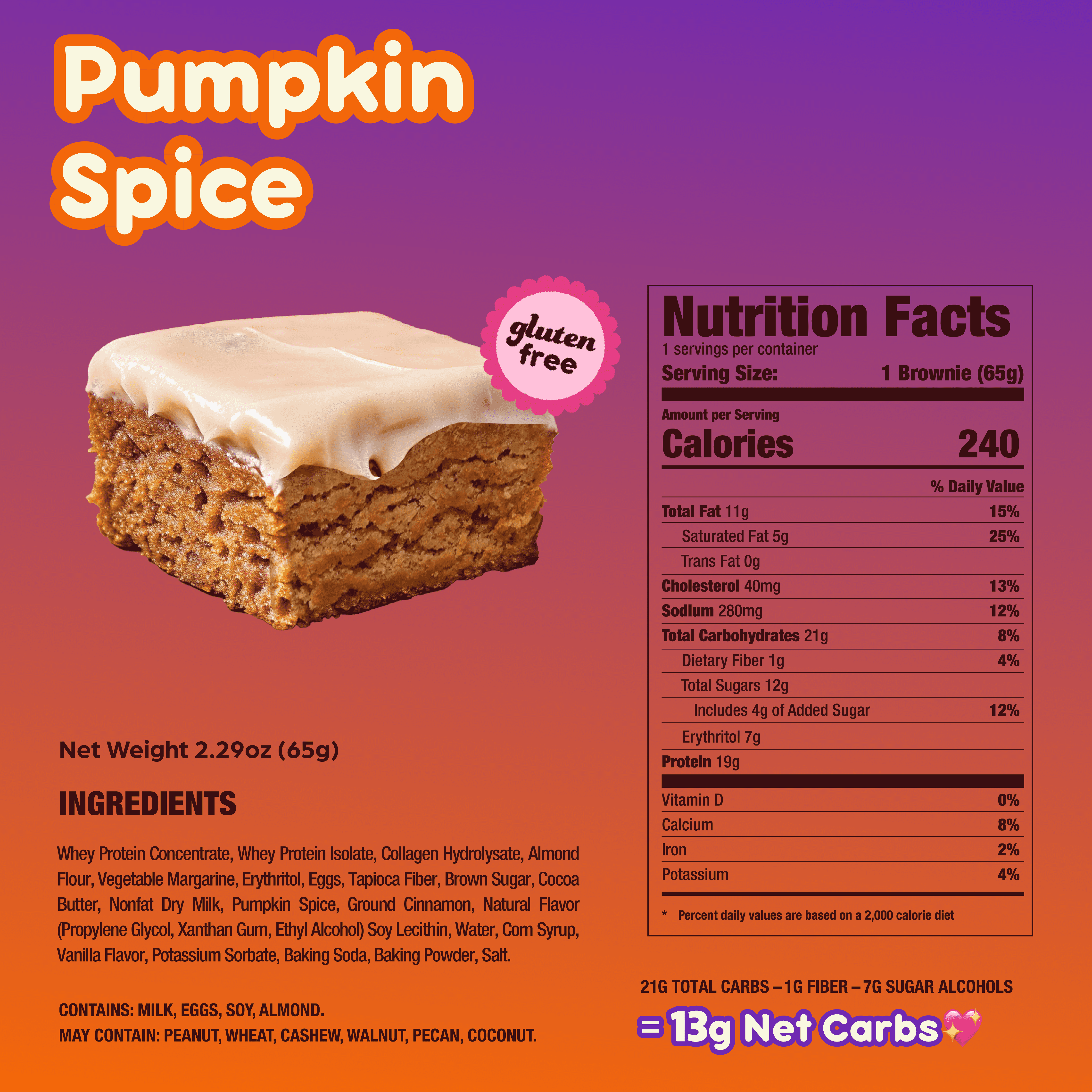 Prime Bites Protein Brownie with 19g Protein and 5g Collagen - Pumpkin Spice, 12 Count
