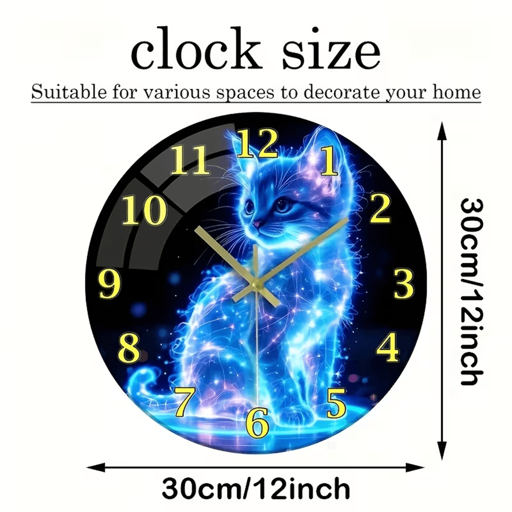 VOCOO 12 Inch NeonCat Glass Wall Clock, Non-Ticking, Battery Operated,Silent Quartz Easy-to-Read for Home, Office, Kitchen Decor