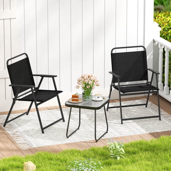 Costway 3pcs Patio Folding Conversation Chairs&Table Heavy-Duty Metal Outdoor Portable