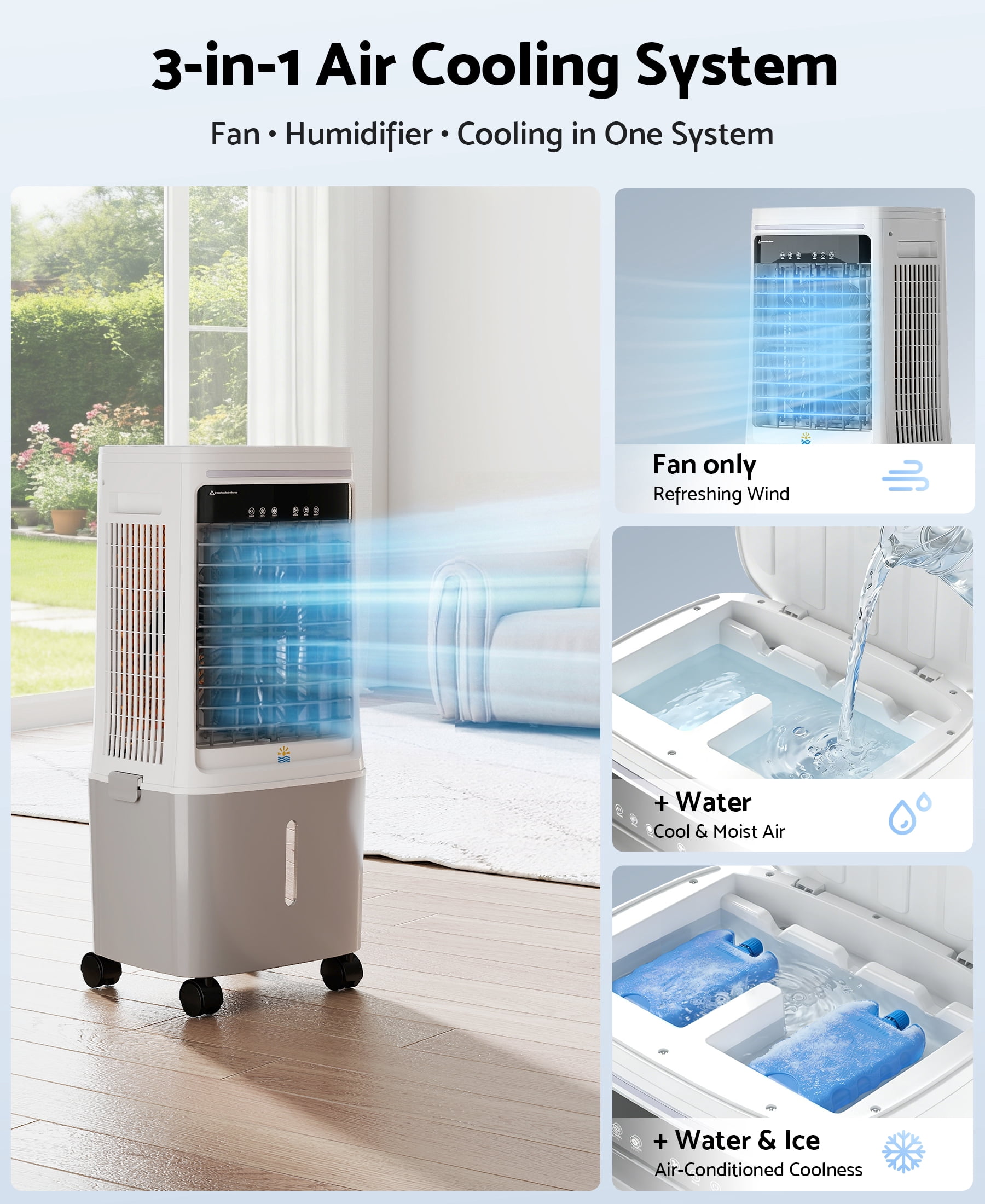 Flamemore Upgraded 1800CFM Evaporative Air Cooler Fan Humidifier with 6.6 gal Tank & 4 Ice Packs, Portable Swamp Cooler for Indoor/Outdoor