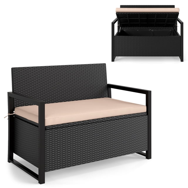 Gymax Banc de Rangement pour Patio en Osier Causeuse avec Rangement Intégré et Long Coussin de Siège Extérieur Beige