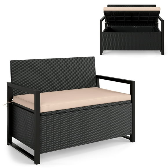 Gymax Patio Storage Bench Wicker Loveseat w/ Built-in Storage & Long Seat Cushion Outdoor Beige