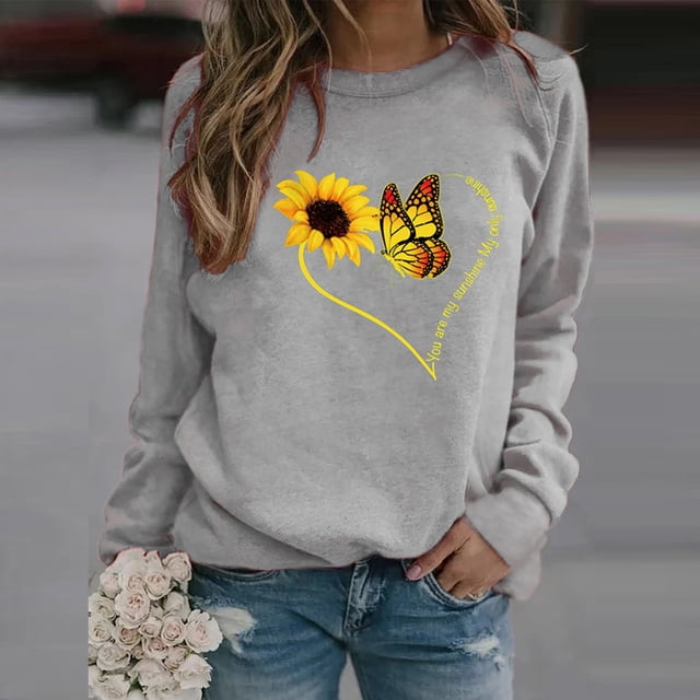 Meichang Sweatshirts pour Femmes Col Rond Manches Longues Décontracté Pull Tendance Graphique Floral Sweatshirts Coupe Ample