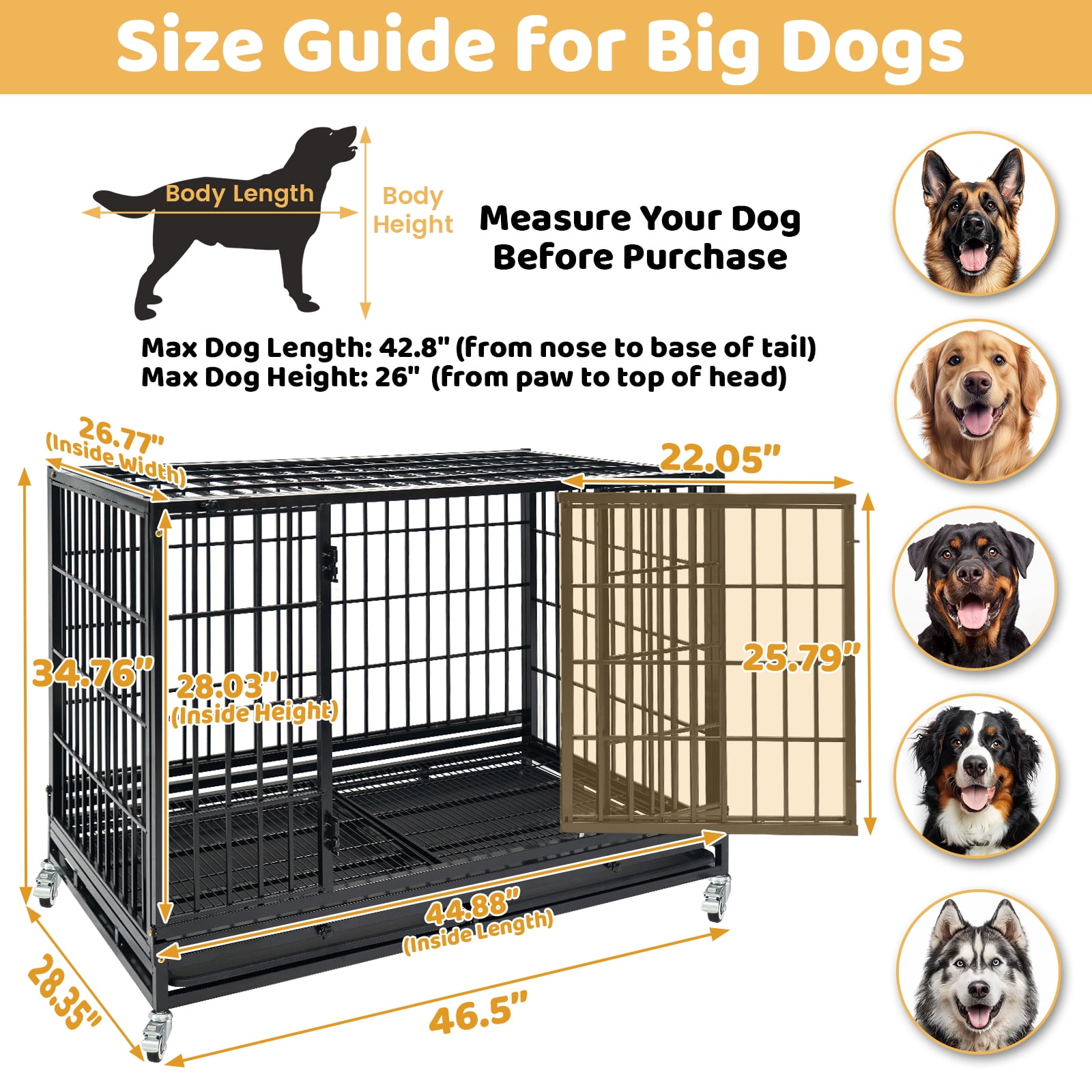 Homey Pet 47 Inch Stackable Heavy Duty Dog Crate, Indestructible Escape Proof Cage for High Anxiety Large Dogs, XL Dog Kennel Indoor with Auto Locks,No-Noise Grid,Dual Trays,360° Wheels,Top Acces