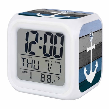 Alarm Clocks Nautical Anchor Digital Clock 7 Color LED Night Light Silent Non-Ticking Battery Operated Vintage Blue Wood Grain Cube Clocks Decorative for Bedroom Bedside Living Room Office School