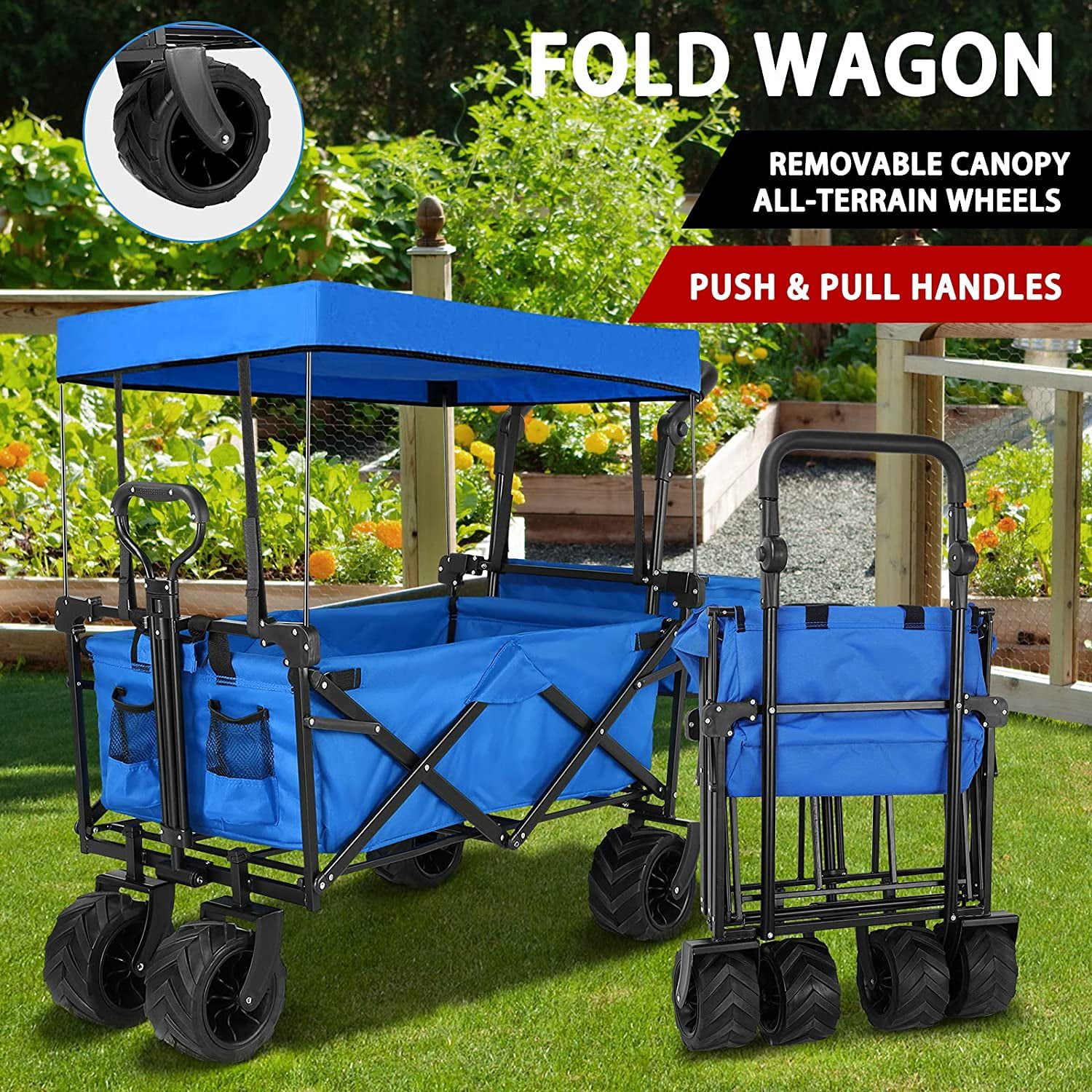 2021春の新作 Folding Wagon, Garden Cart Heavy Duty Collapsible All Terrain  Utility Beach Shopping, Blue
