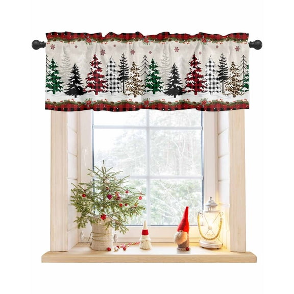 Christmas Tree Curtain Valance for Windows Green Plaid Leopard Print Pine Snowflake Rod Pocket Window Treatments Short Curtains for Kitchen Windows Bathroom Bedroom 54x18 In