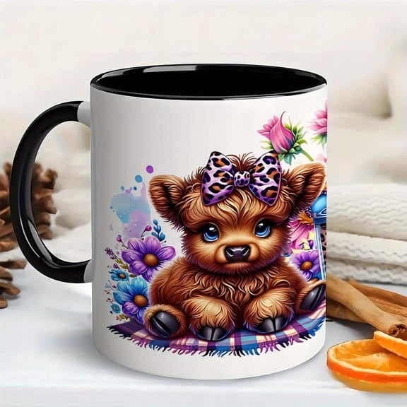 1pc 11oz Ceramic Floral And Animal Style Coffee Mug Highland Cow with And Leopard Print Cups Coffee Cup Cute Cartoon Cow Patterns Animal Lovers Daily