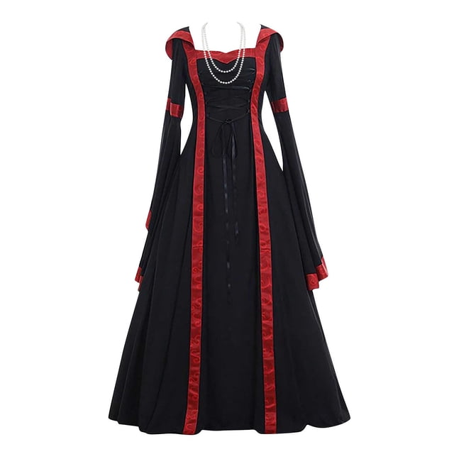 Womens Halloween Costumes 2024 Cosplay Gothic Dresses Women's Gothic Ruffle Bell Sleeve Corset Halloween Costume Plus Size Dress Off Shoulder Graphic Print Necklace Trim Dress