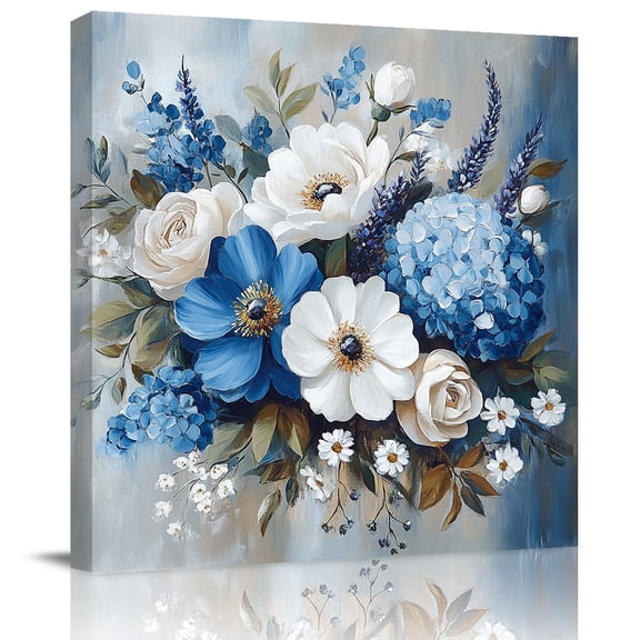 Wall Art Prints, White Blue Flower Framed Canvas Prints for Bedroom Living Room Bathroom Office, Modern Eucalyptus Daisy Oil Painting Gallery Wrap Wall Art Poster for Gifts Home Decor 28"x28"