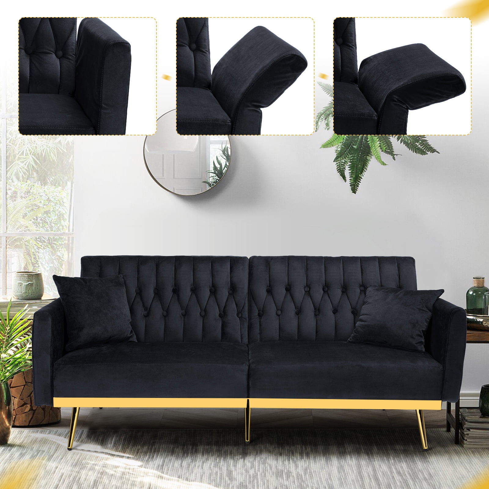 ACMEASE 70” Velvet Futon Sofa Bed with Adjustable Armrests and 2 Pillows, Convertible Futon Couch, Black