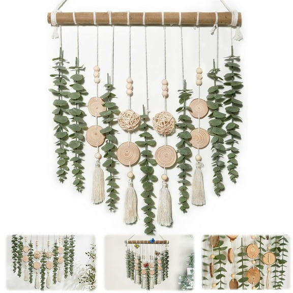 Scheam Artificial Eucalyptus Plant Green Leaves Hanging Decoration,1 Pcs Wooden Beads Garland Wall Decor,Fake Greenery Leaves Plants Wicker Ball,for Home Bathroom Kitchen Decor (Style A)