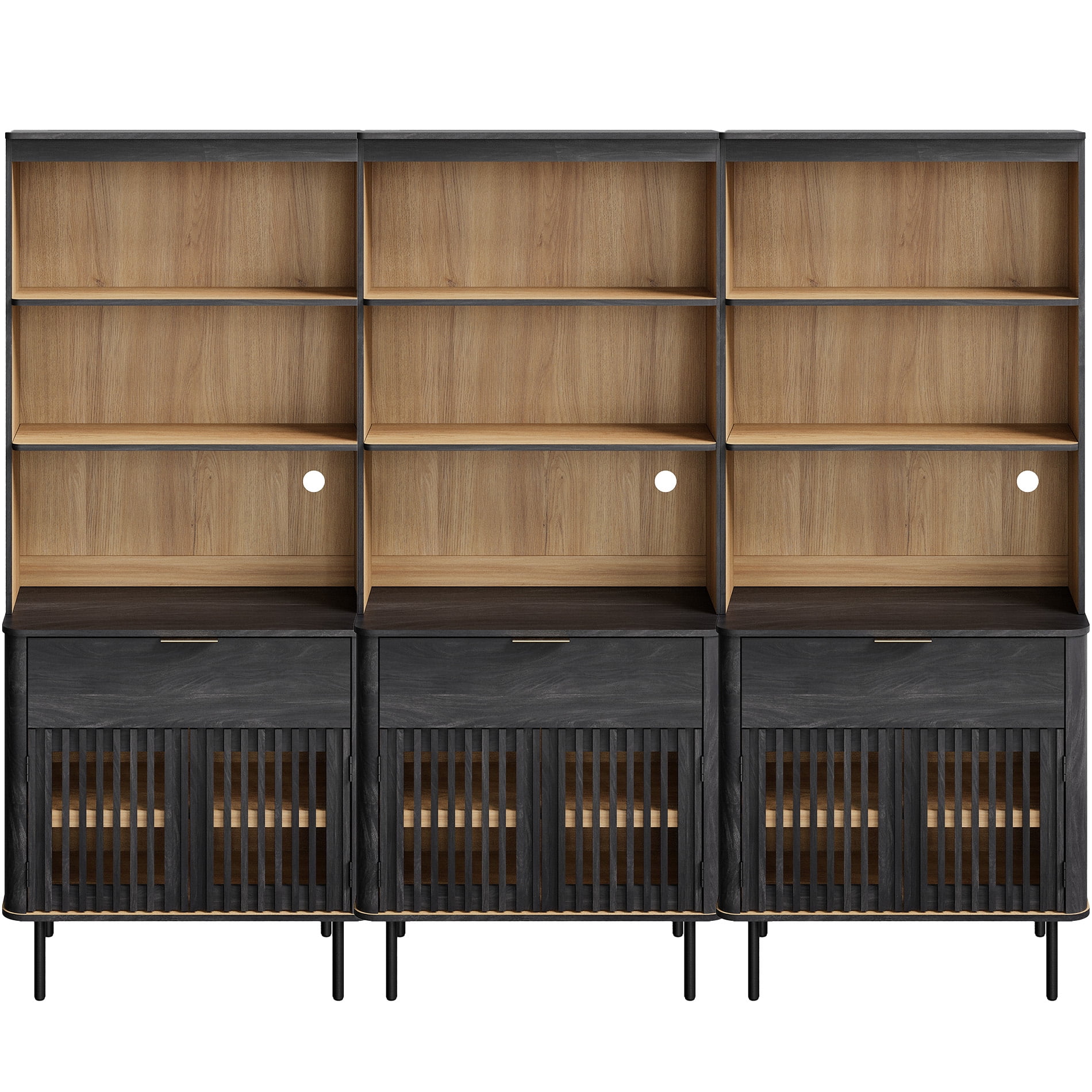 Kitchen Pantry Storage Cabinet with Doors & Drawer, 72.8" Tall Modern Fluted Kitchen Cabinet, Adjustable Shelf, Cable Management, 5 Tier Freestanding Cupboard for Dinning Room, Black, 3 PCS