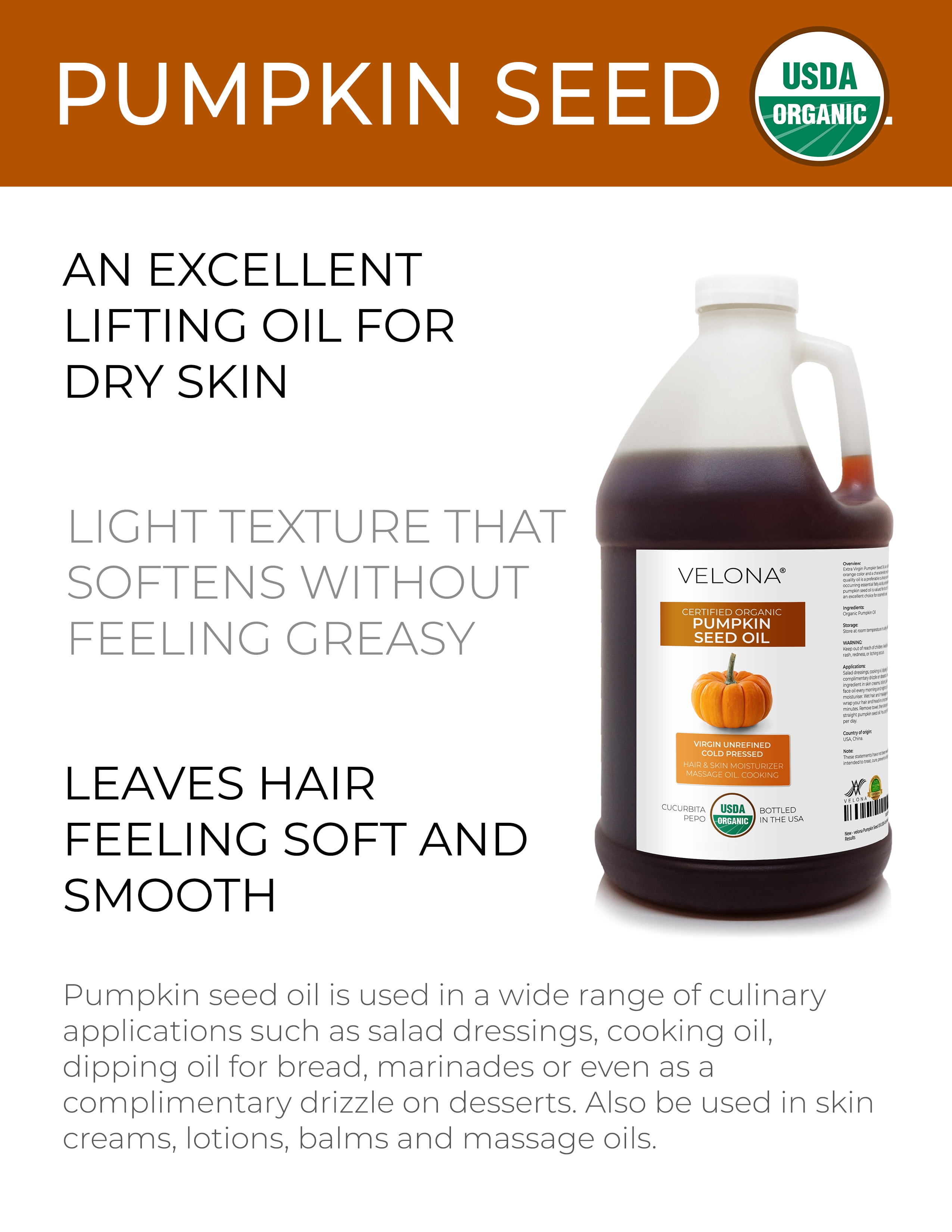 Velona Pumpkin Seed Oil USDA Certified Organic - 1 Gallon / 128 Fl Oz | 100% Pure and Natural Carrier Oil | Unrefined, Cold Pressed | Cooking, Face, Hair, Body & Skin Care