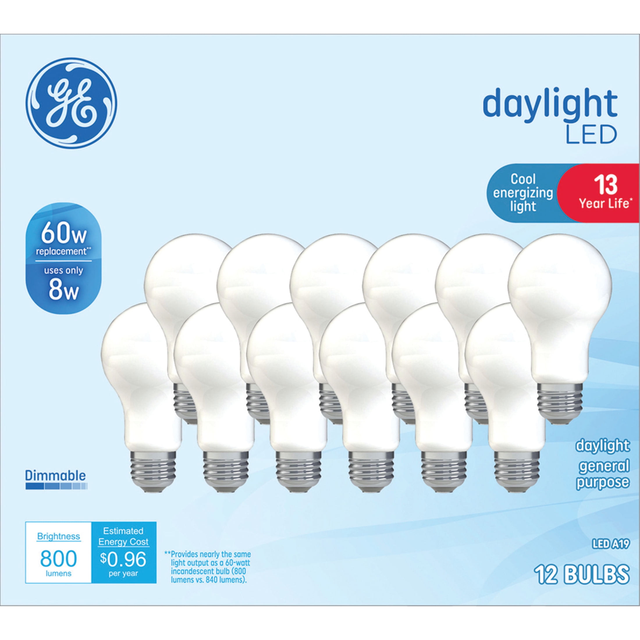 (2 pack) GE LED Light Bulbs, 60 Watt Equivalent, A19, Daylight, Medium Base, Frosted, 13-Year Lifespan, 12-Pack