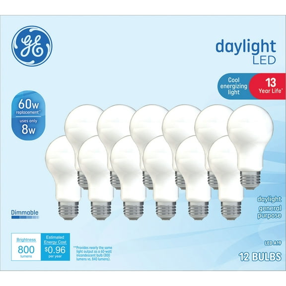 GE LED Light Bulbs, 60 Watt Equivalent, A19, Daylight, Medium Base, Frosted, 13-Year Lifespan, 12-Pack